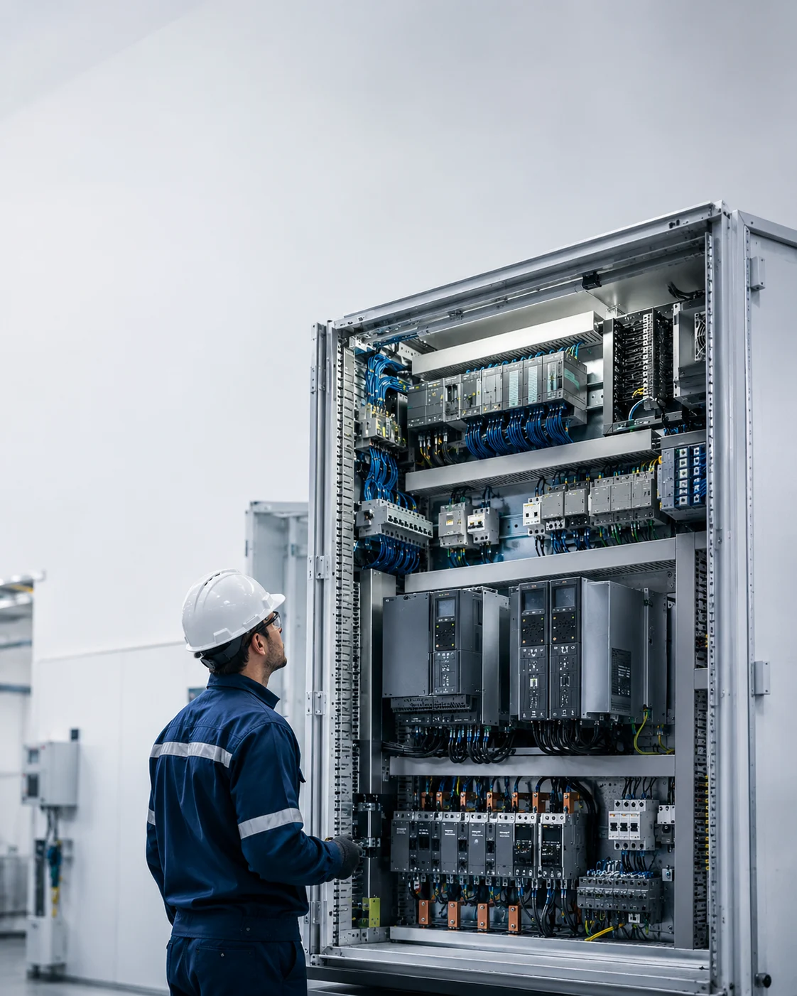 Engenheiro inspecionando um painel elétrico industrial aberto, com PLC, drives e disjuntores