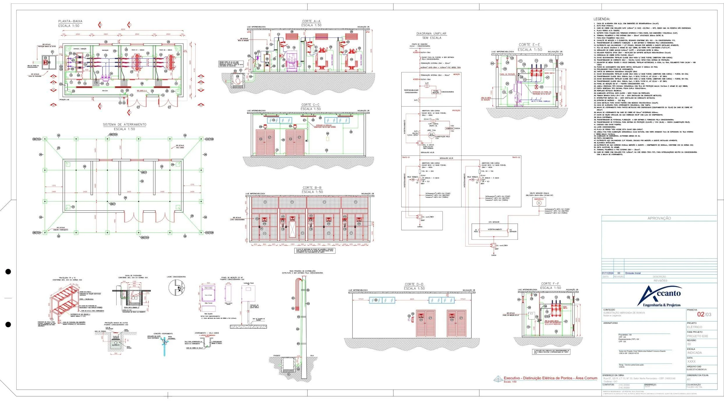 Prancha de projeto elétrico com diagramas e detalhamentos técnicos.